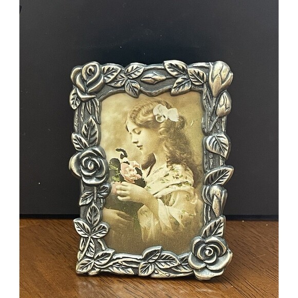 Photo Frame Ornate Pewter Floral Rose Design Miniature  3.5” x 2.5” Freestanding - Picture 1 of 7